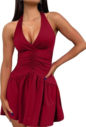 Uni Clau Womens Halter Deep V Neck Backless Ruched Dress Summer Bodycon Party Club Night Out Mini Dress