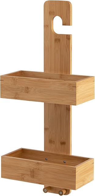RELAX4LIFE Bamboo Shower Caddy, Hanging Bathroom Rack Shower Baskets with 2 Shelves & 2 Hooks, No Drilling Shower Tray Bathroom Organiser for Shampoo Shower Gels