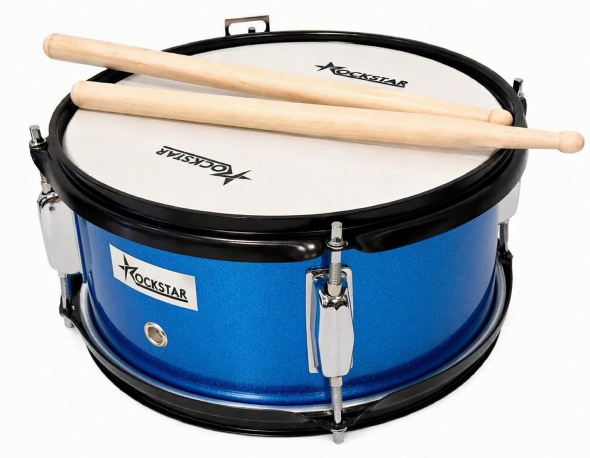 ROCKSTAR - Tambor de Madera Afinable SMS-1205BL 12" x 5" (30,5 x 12,7 cm) Caja de Marcha, Instrumento de Percusión con Bordón Ajustable, Correa y Baquetas Incluidas. Azul metalizado.