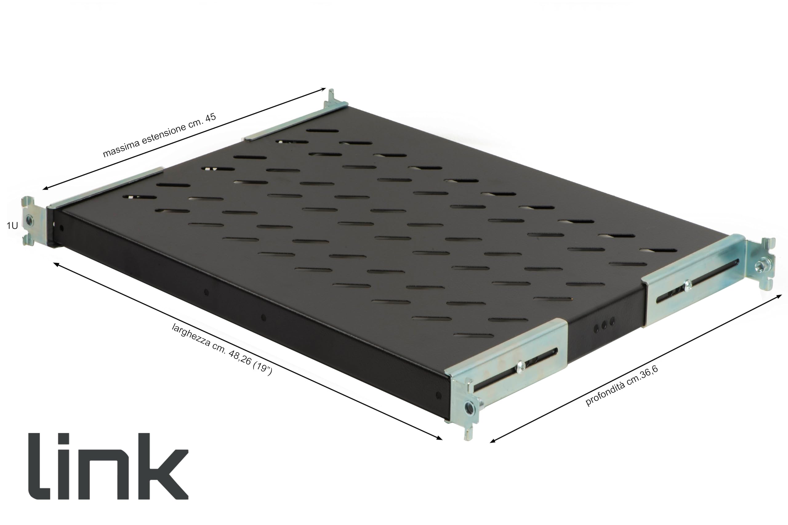 Mensola in acciaio per armadio rack 19" regolabile 350-450 mm, nero RAL9005, portata 50 kg