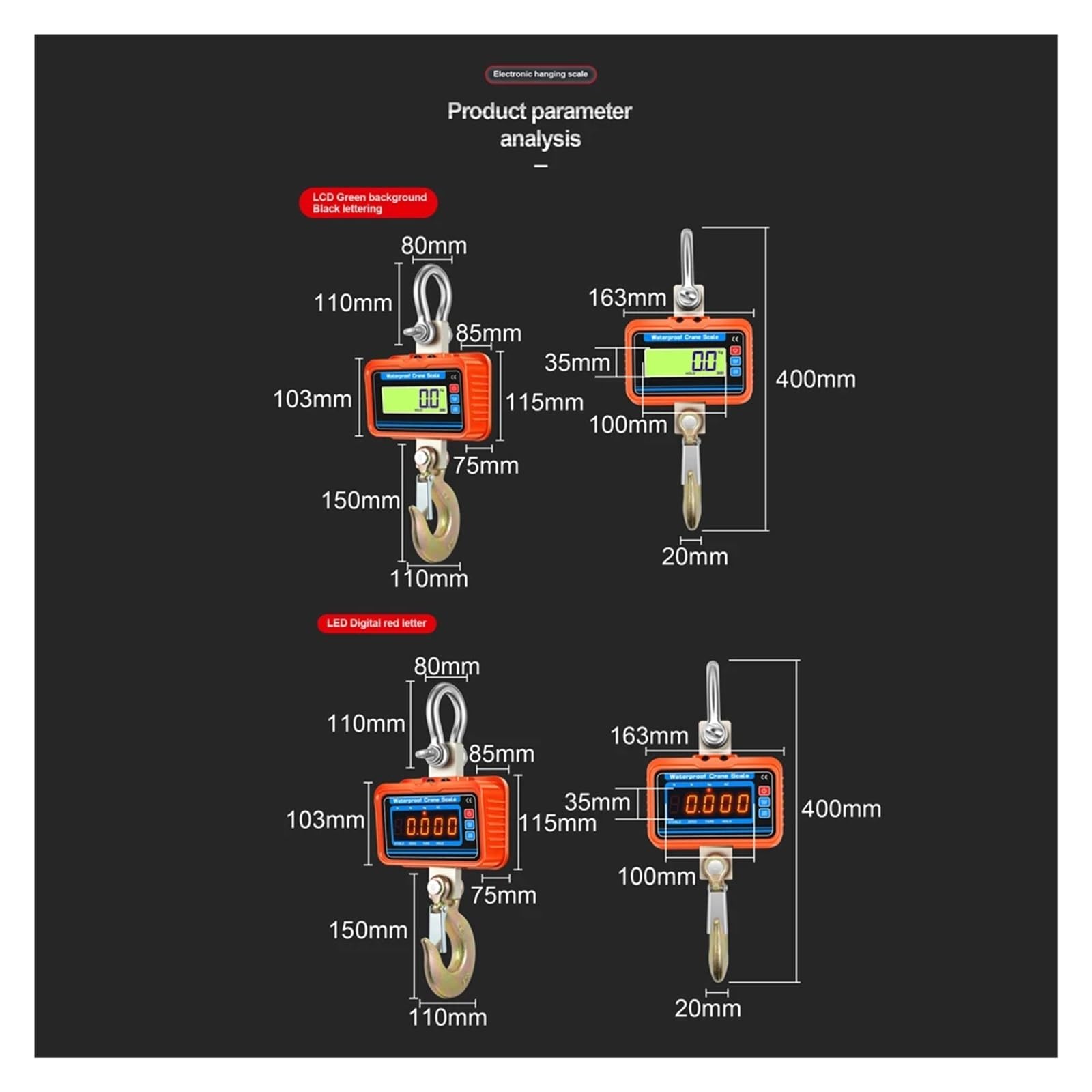 Bilancia elettronica for bagagli pesanti digitale Strumento di pesatura ad alta precisione appesa a gancio for gru impermeabile,Multiuso(Yellow LED)