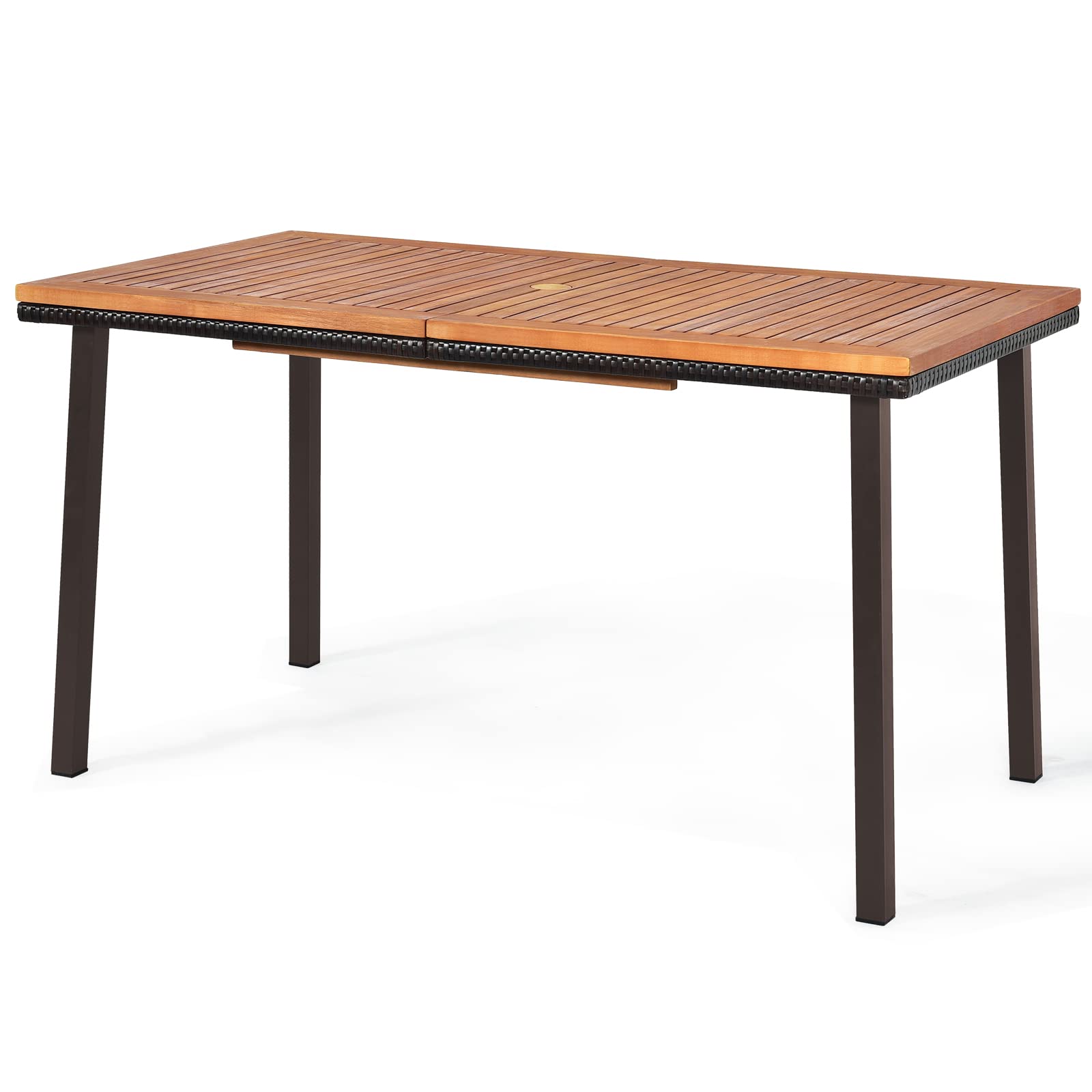 LIFEZEAL Tavolo da pranzo con foro per ombrellone, tavolo da giardino in legno di acacia con gambe in metallo, tavolo da pranzo per cucina, terrazza, giardino, 140 x 75 x 75,5 cm