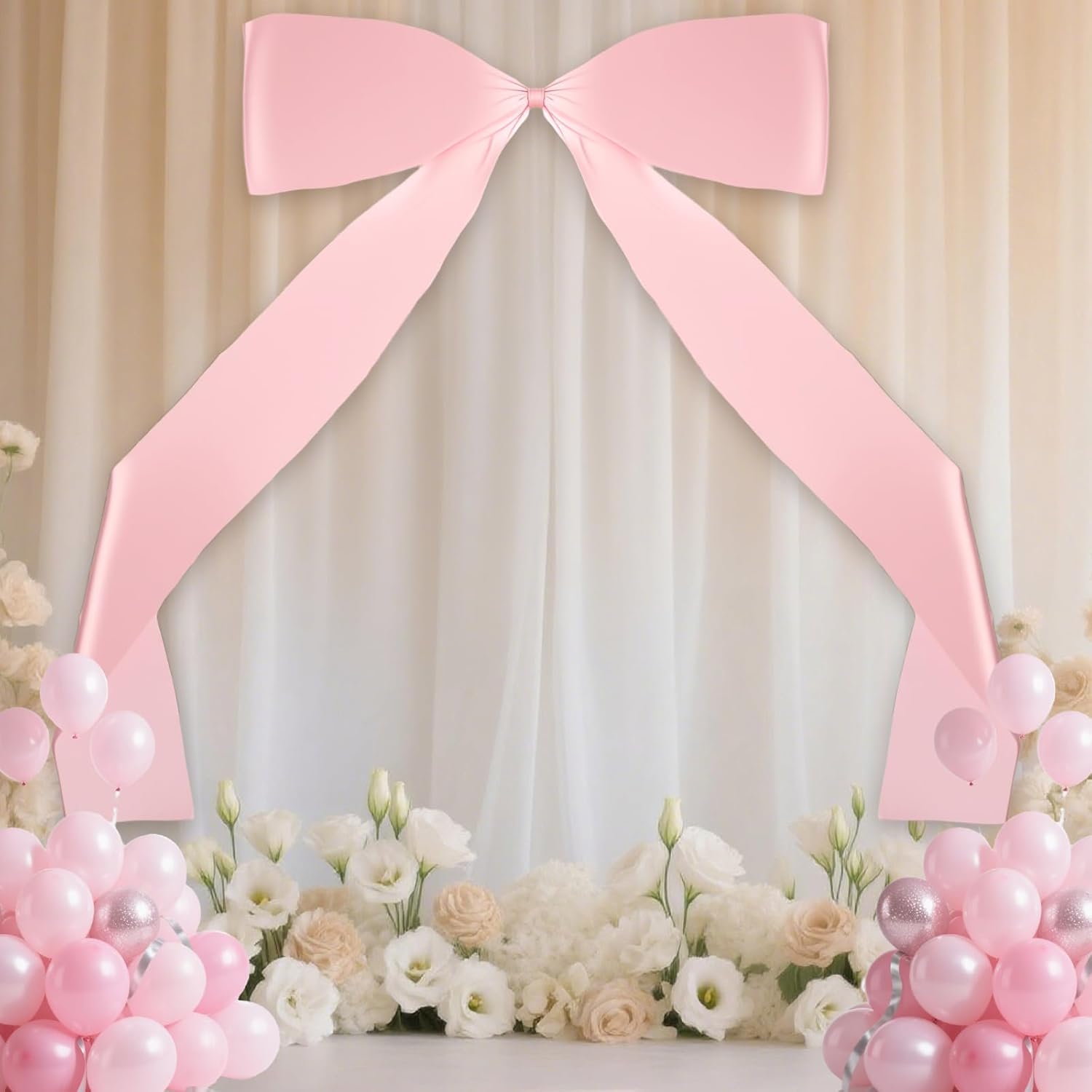 2 Pcs 74 x 45 Inches Giant Bow Decoration with Long Streamers Pink Extra Large Satin Bow for Wedding Coquette Birthday Party Decorations Tree Arch Fireplace Mirror Wall