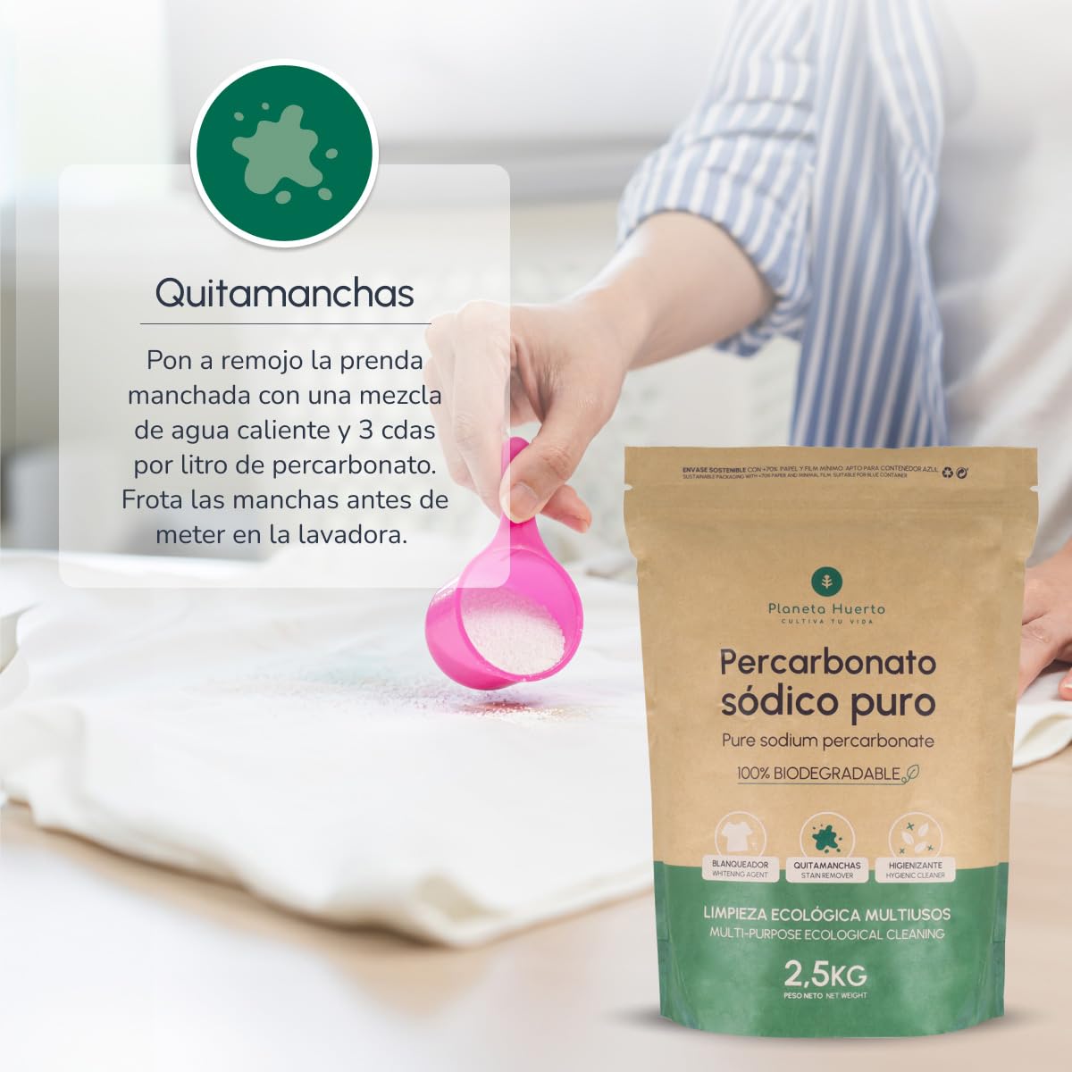 PLANETA HUERTO | Percarbonato Sódico Ecológico 2,5 kg – Percarbonato Blanqueador, quitamanchas e higienizante natural, limpieza sostenible para ropa blanca, superficies y hogar sin tóxicos