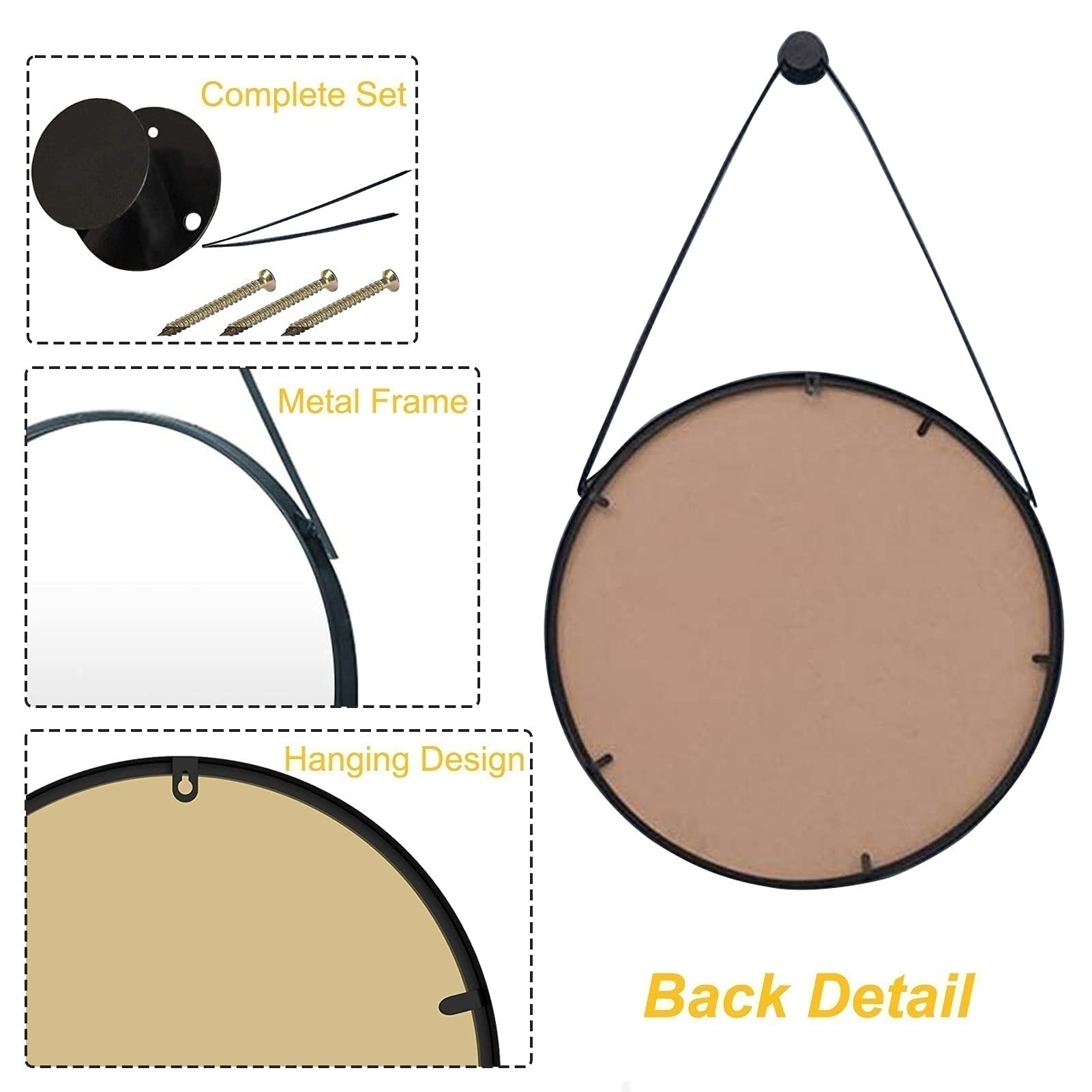 Specchio da Parete Rotondo Specchio Decorativo con Cinghia per Appendere Gancio/Gancio Hardware Nero, Specchio da Bagno Specchio da toeletta Specchio da Barba Montato a Parete, Decorazioni d
