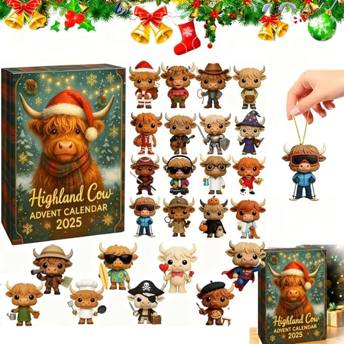 Highland Cow Advent Calendar 2025, 24 Days Christmas Countdown Calendar with Mini Highland Cow Figures, Adorable Scottish Cattle Ornaments for Holiday Decor & Festive Christmas Countdown Tradition