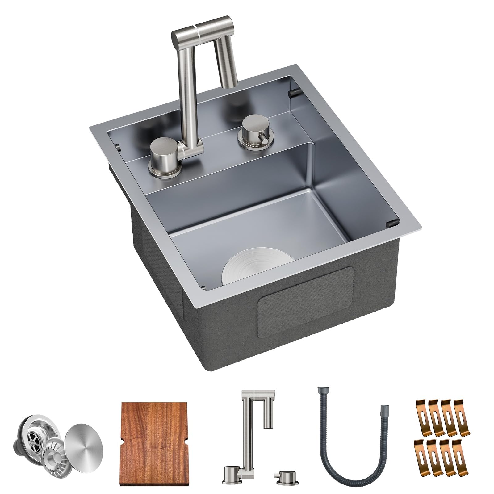 RV Kitchen Sink, 13 x 15 x 7 Inch Undermount Bar Sink 16 Gauge Stainless Steel Single Bowl Sink with Foldable Faucet Cutting Board, Grey