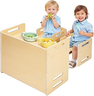 VEVOR Montessori Weaning Table and Chair Set, Wooden Toddler Table and Chair Set with 2 Chairs, Adjustable Height Montessori Chair and Activity Table, Ideal for Reading, Eating, Playing - Natural