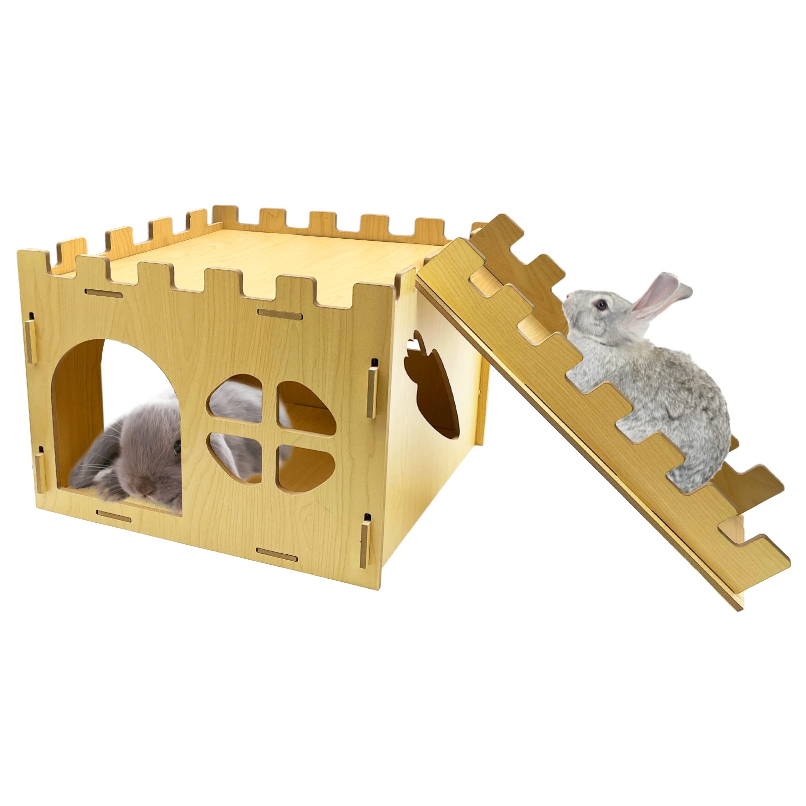 Extra großes, stabiles Hasenhaus, Kaninchenversteck mit Treppe, abnehmbares Spielhaus für Kaninchen, Meerschweinchen, Chinchilla, Igel