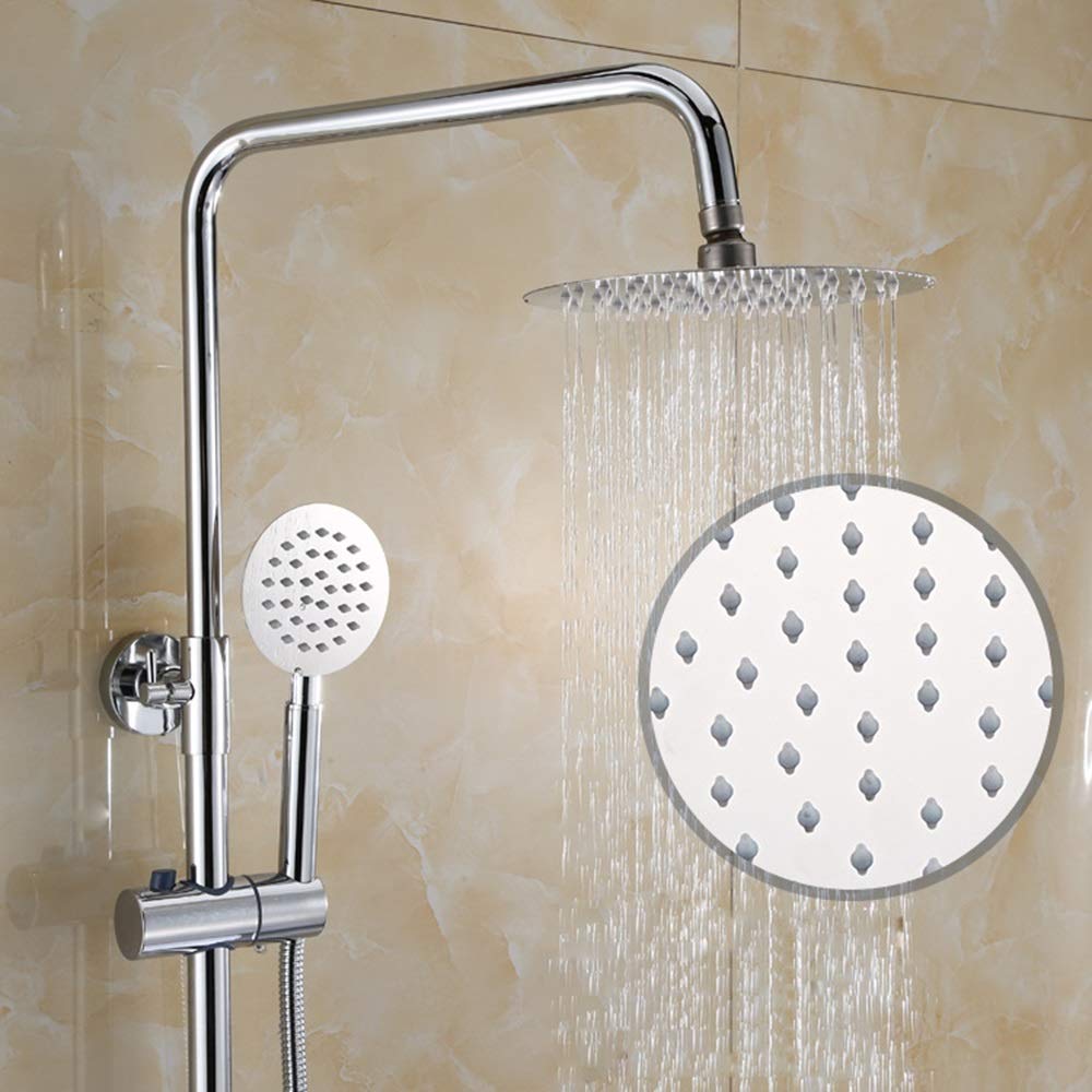 CWCQGH Thermostatic Shower Set Brass Shower Faucet 10 Inch Round Top Spray Shower System 3 Modes Silver Double Lift Beautifully Practical