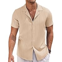 COOFANDY Herren Hemd Kurzarm Kubanischer Kragen Sommerhemd Wellenstreifen Hemden Freizeithemd Leichetes Hawaiihemd Männer Regular Fit Khaki 3XL