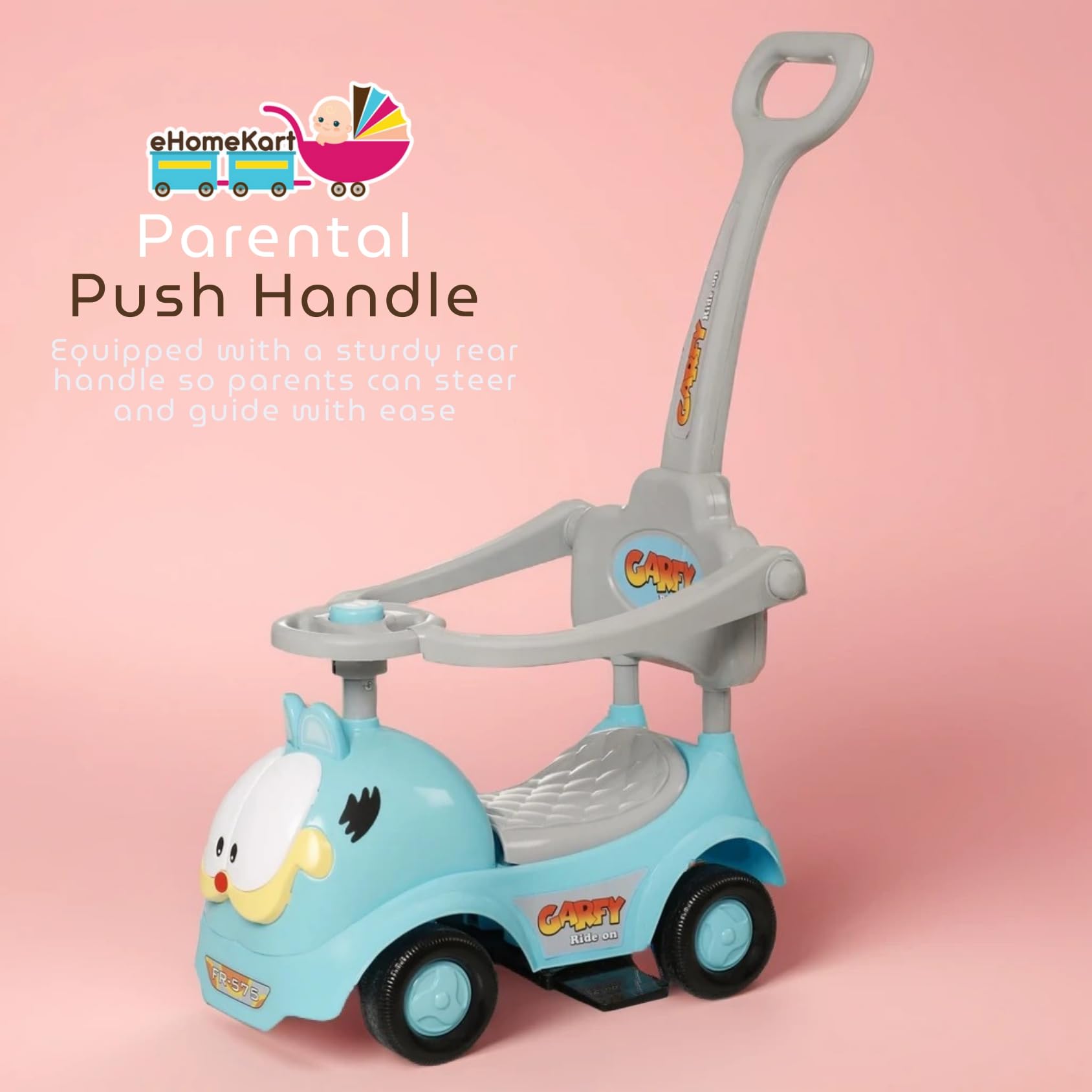 Fun Ride Ride On Push Car, Gaffy 3 in 1 Rider with Removable Parental Handle - Musical Push Car with Utility Storage Toy Box - Armrest Guardrails for Safety, Indoor/Outdoor Toy, Blue, Kid 2