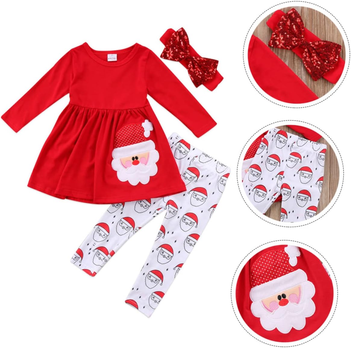 VICASKY 1set Girls Christmas Outfit Adorable Santa Claus Printing Pants Bowknot Top for Holiday Parties Stage Performances Dress-up Events Comfortable Warm