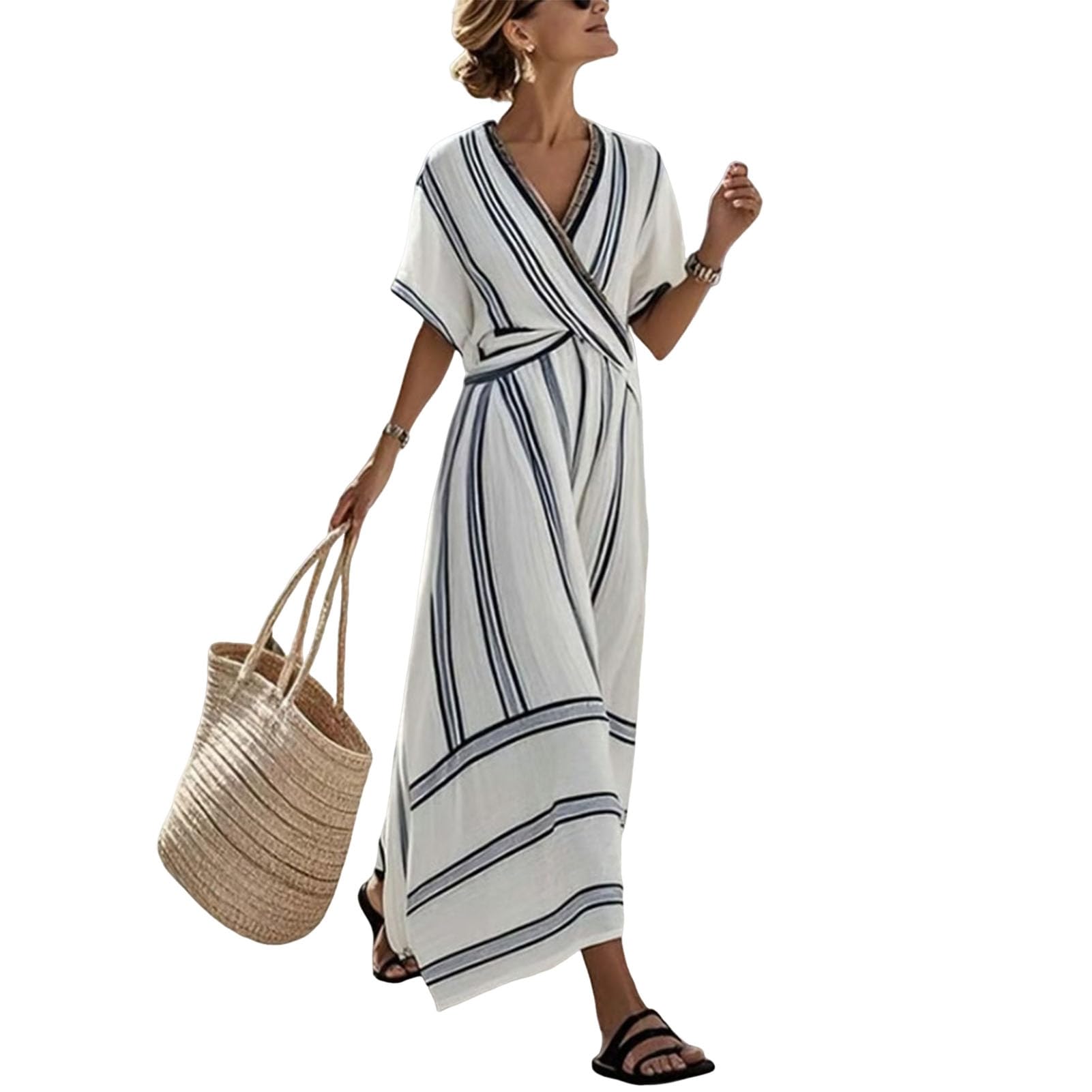 Maxi abito estivo da donna a righe, maniche corte, scollo a V, linea ad A, svasato, casual, per spiaggia, vacanze, uso quotidiano, leggero, morbido, comodo, traspirante, abiti da donna