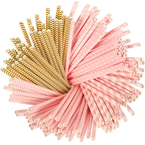 160 Pack Paper Straws - Biodegradable Straws Light Pink, Metallic Gold, Polka Dot, and Chevron Design Bulk Drinking Straws