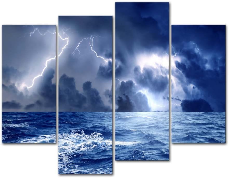 Canvas Print Wall Art Decor Storm Sea Picture Ocean Wave Seascape Pictures Nature Lightning Artwork Weather Poster Prints Stretched On Wooden Frame 4 Panel Image For Home Living Room Office Decoration