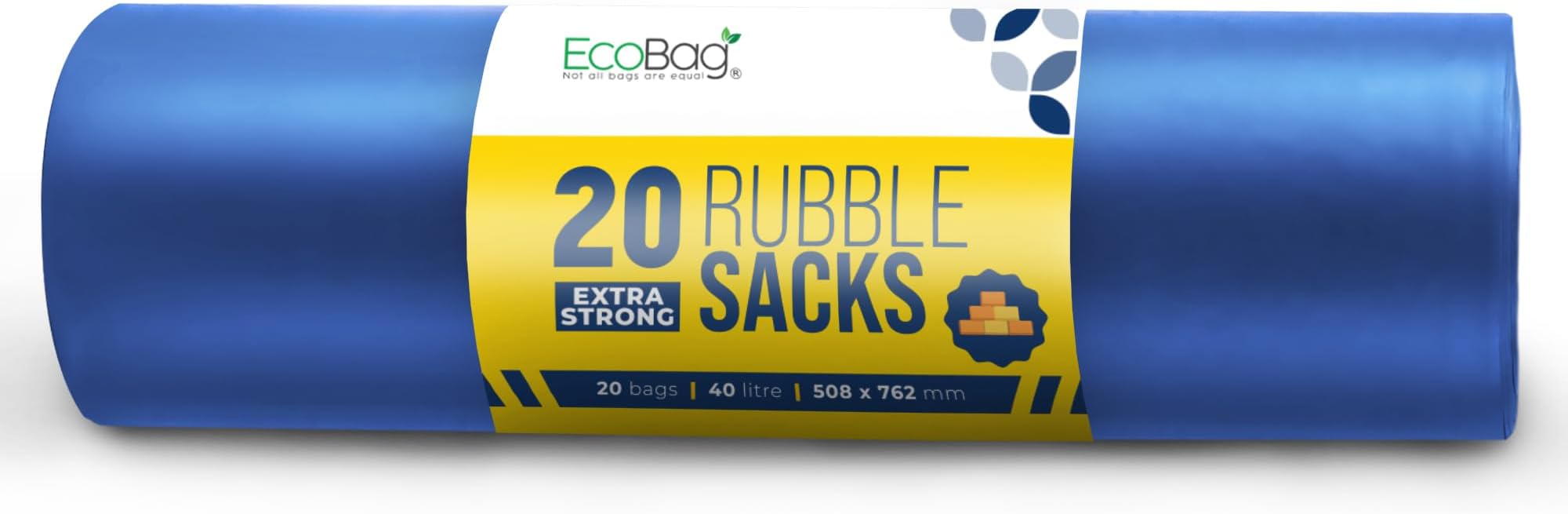 EcoBag 20 Pack Blue Rubble Bags - 40L - 100 Microns - Recyclable Heavy Duty Bin Bags - Leak Resistant Rubble Sacks for Garden, Builders, Caterers, Kitchen, DIY (508 x 762mm)