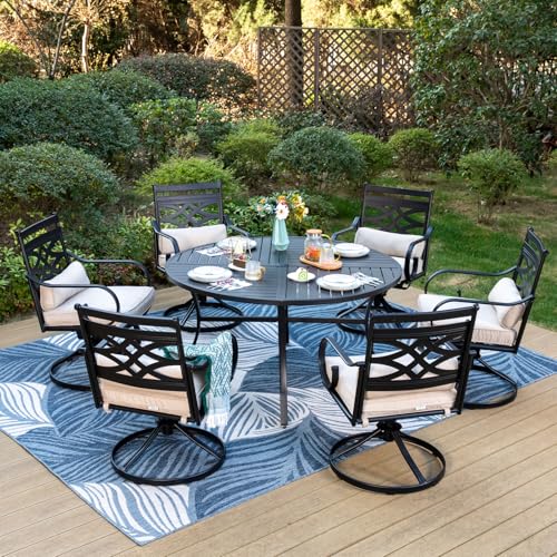 MFSTUDIO Round Patio Table and Chairs Set, Patio Dining Sets for 6 with Swivel Chairs, 7 Piece Outdoor Dining Set with Umbrella Hole, Outdoor Patio Furniture Set for Deck Backyard Garden