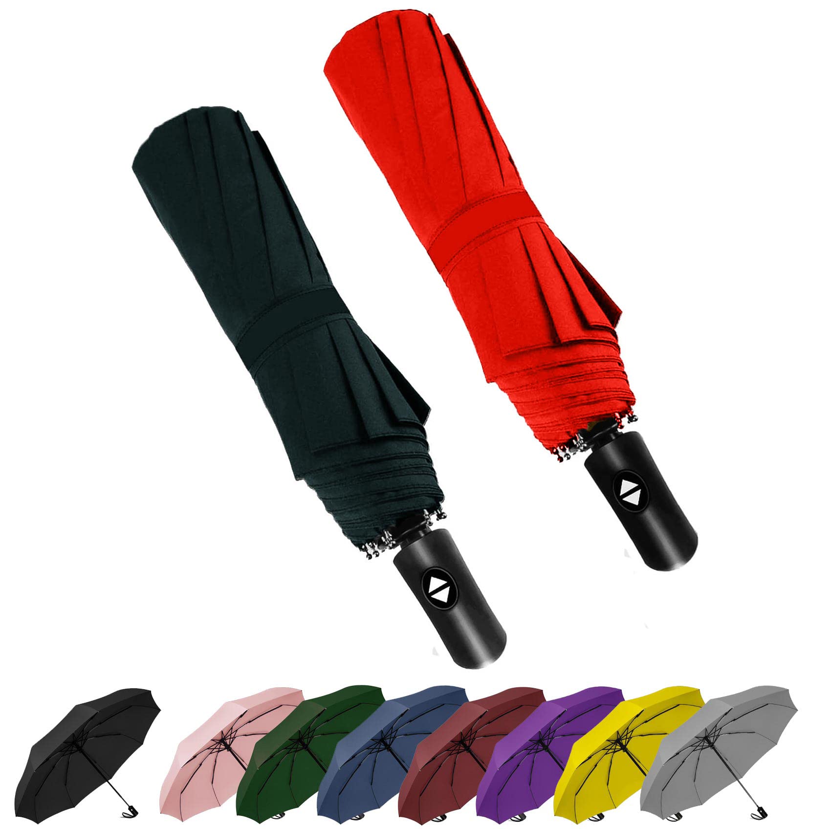SIEPASASIEPASA 2 Packs Windproof Travel Compact Umbrella, 8-Ribs Anti-UV Waterproof Folding Umbrella with Telfon Coating-One Button for Auto Open and Close. (Black & Red, 2 Pack)