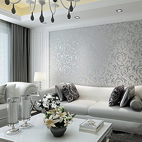 HANMEROHigh Quality Victorian Damask Embossed Textured Non Woven Flocking Wallpaper For Living Bedroom Tv Background Silver Gray Cover