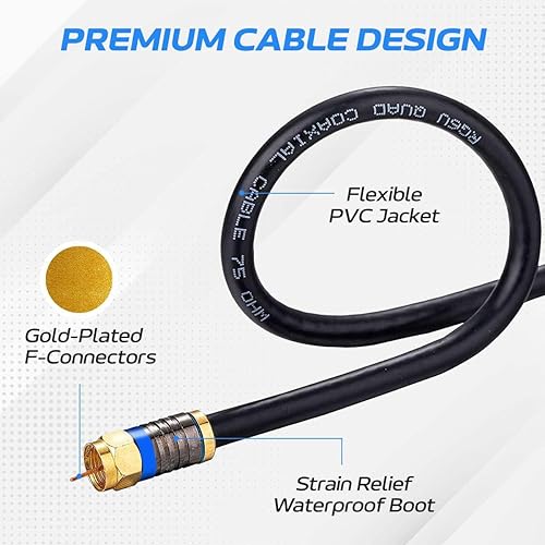 Miniatura 9 de Cables Direct Online Cable coaxial RG6 de 100 pies, pin F y cable de extensión BNC para antena parabólica, TV por cable, antena, cable coaxial