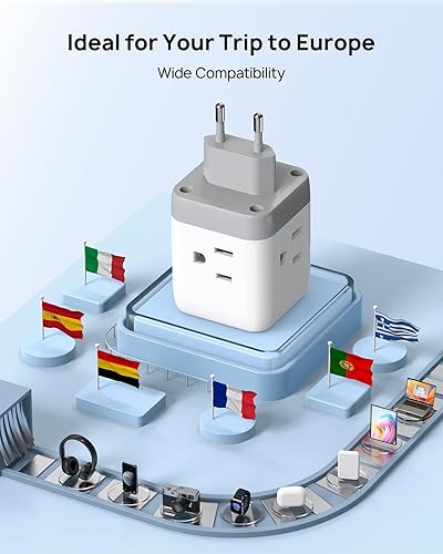 Miniatura 4 de TROND Adaptador de enchufe de viaje europeo - Convertidor de adaptador de corriente internacional para Europa con 3 tomacorrientes 2 USB, adaptador