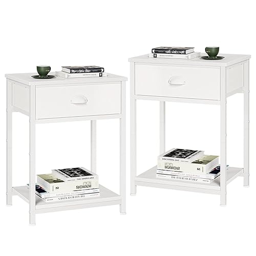 Furologee White Nightstands Set of 2, End Table with Fabric Drawer, Small Side Table for Small Spaces, 2 Tiers Storage Shelves End Table, Bedside Table for Living Room, Bedroom, Dorm - White - 2