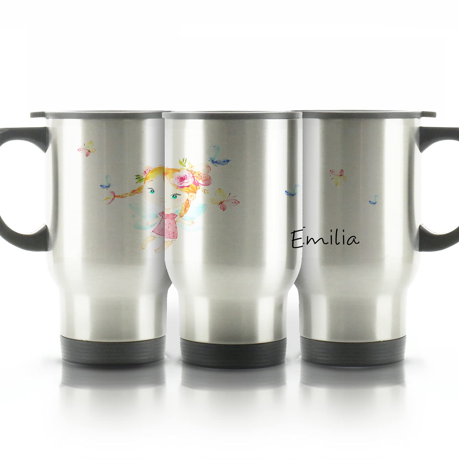 Hairyworm Personalised Travel Mug, 400ml Silver Stainless Steel Travel Mug with Handle, Customised with Initial/Name, Red Plait Fairy Design Print