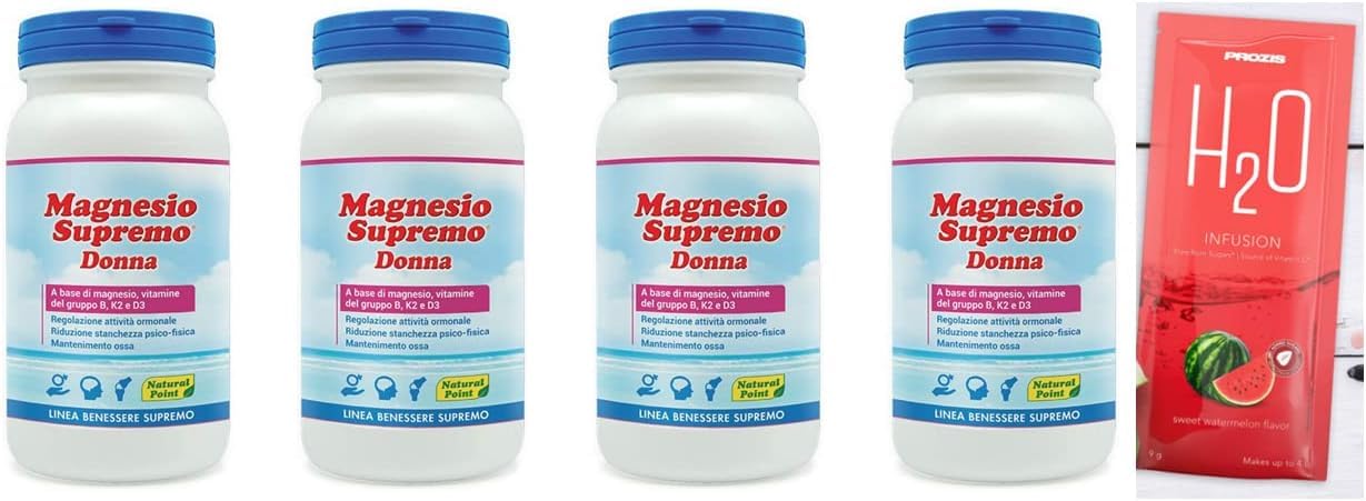 Magnesio Supremo Donna 150 gr (4 confezioni) + H2O Prozis - Magnesio + vitamina b d k - Senza Glutine, Senza Lattosio