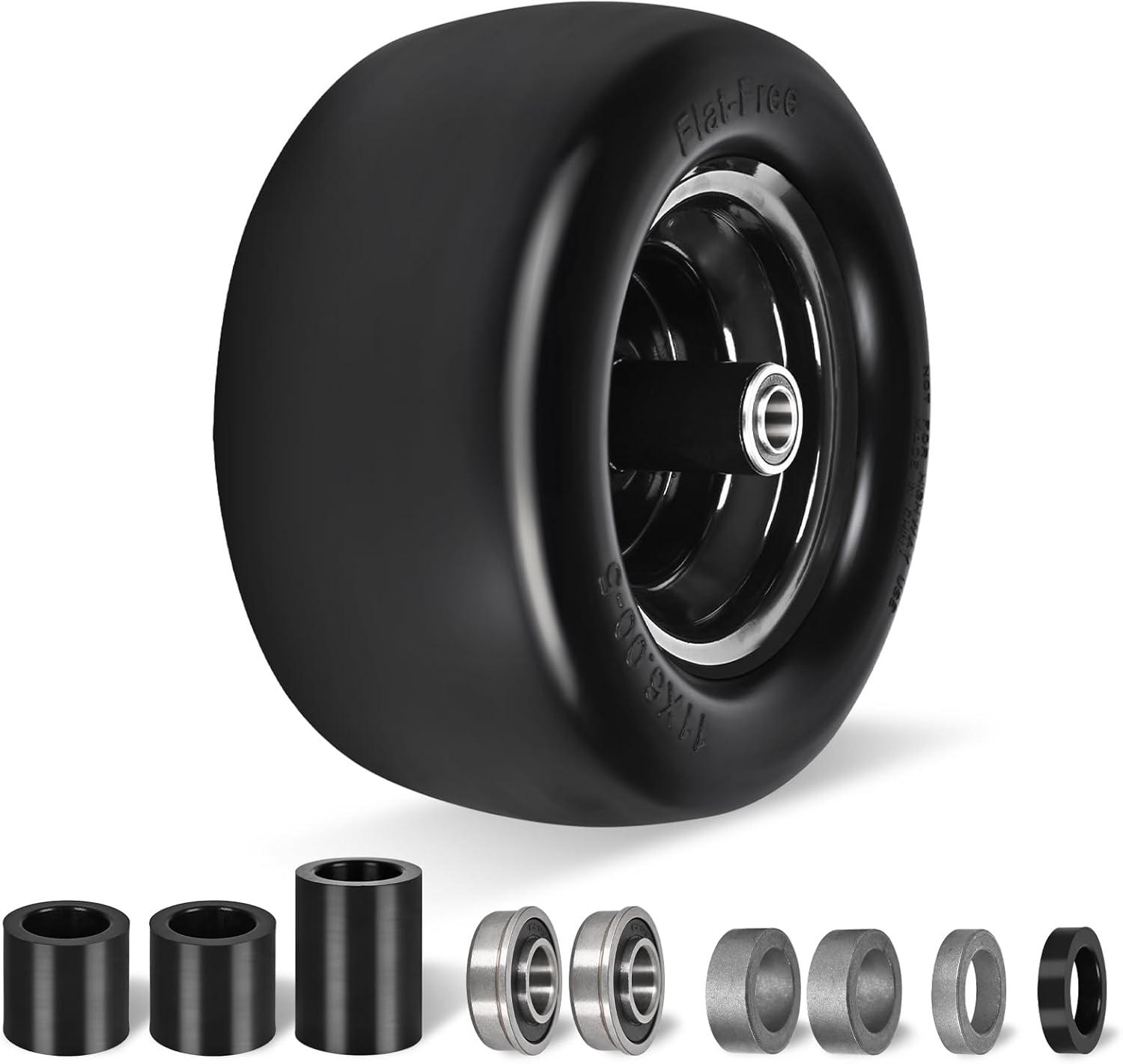 Cliseve11x6.00-5” Flat Free Lawn Mower Tire, Solid Smooth Tread with 3/4 & 5/8" Precision Bearings, Adjustable 5 7/8" Centered Hub, Universal Fit for Zero-Turn Mowers & Outdoor Equipment