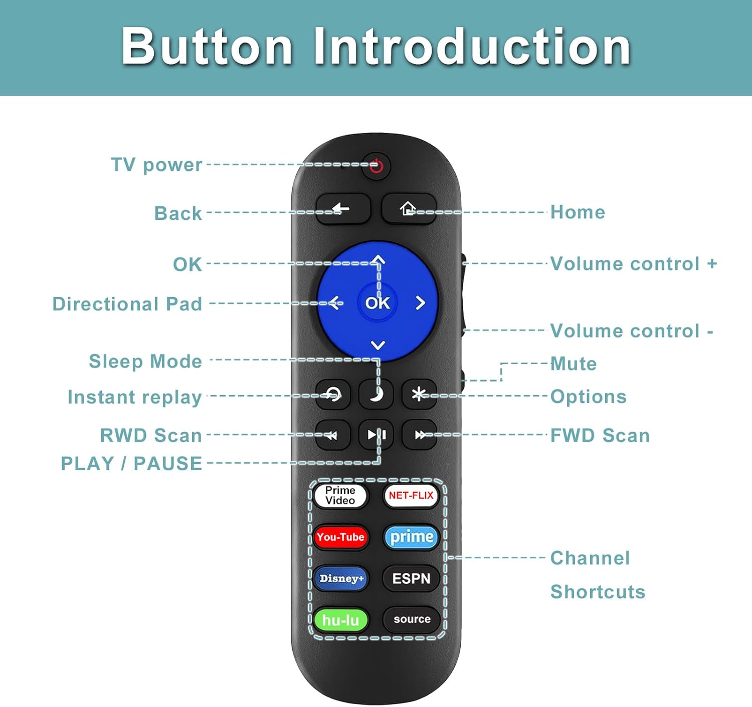 Diagram of the remote control with labels pointing to each button and their functions, such as TV power, Back, Home, OK, Directional Pad, Volume, Mute, Sleep Mode, Instant Replay, RWD Scan, Play/Pause, FWD Scan, Options, and Channel Shortcuts.