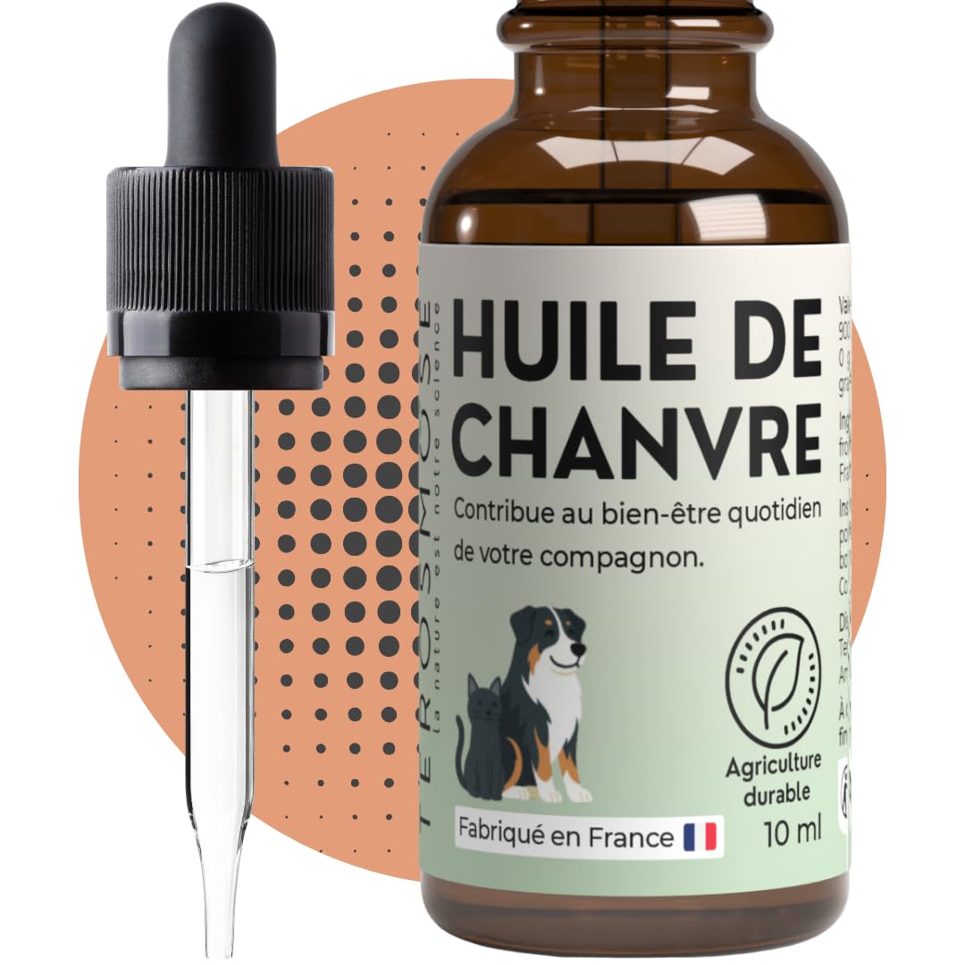 TEROSMOSE • Huile de Chanvre Premium pour Chiens & Chats - 100% Naturelle & Pure - Soutien Sérénité, Stress & Relaxation - Beauté du Pelage & Confort Cutané - Fabriqué en France