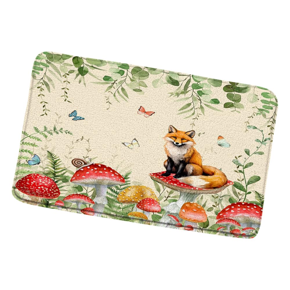 Red Mushroom Fox Bath Mat Beautiful Flower Green Eucalyptus Leaf Floral Wildflowers Funny Wild Animal Spring Bathroom Rugs Shower Mat Bedroom Kitchen