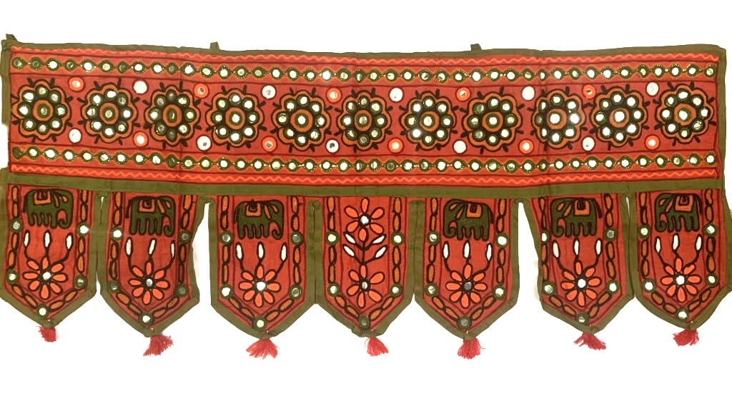 Original Kikan Elephant Handmade Tapestry Cotton Door Wall Hanging Ethnic Topper Toran Indian Window Valance (37 x14 Inches) (RED)