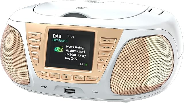 DAB DAB+ CD playe, FM Radio, Wireles Bluetooth, Stereo Speaker System, Clock, USB player (AZATOM Zenith Z4 White)