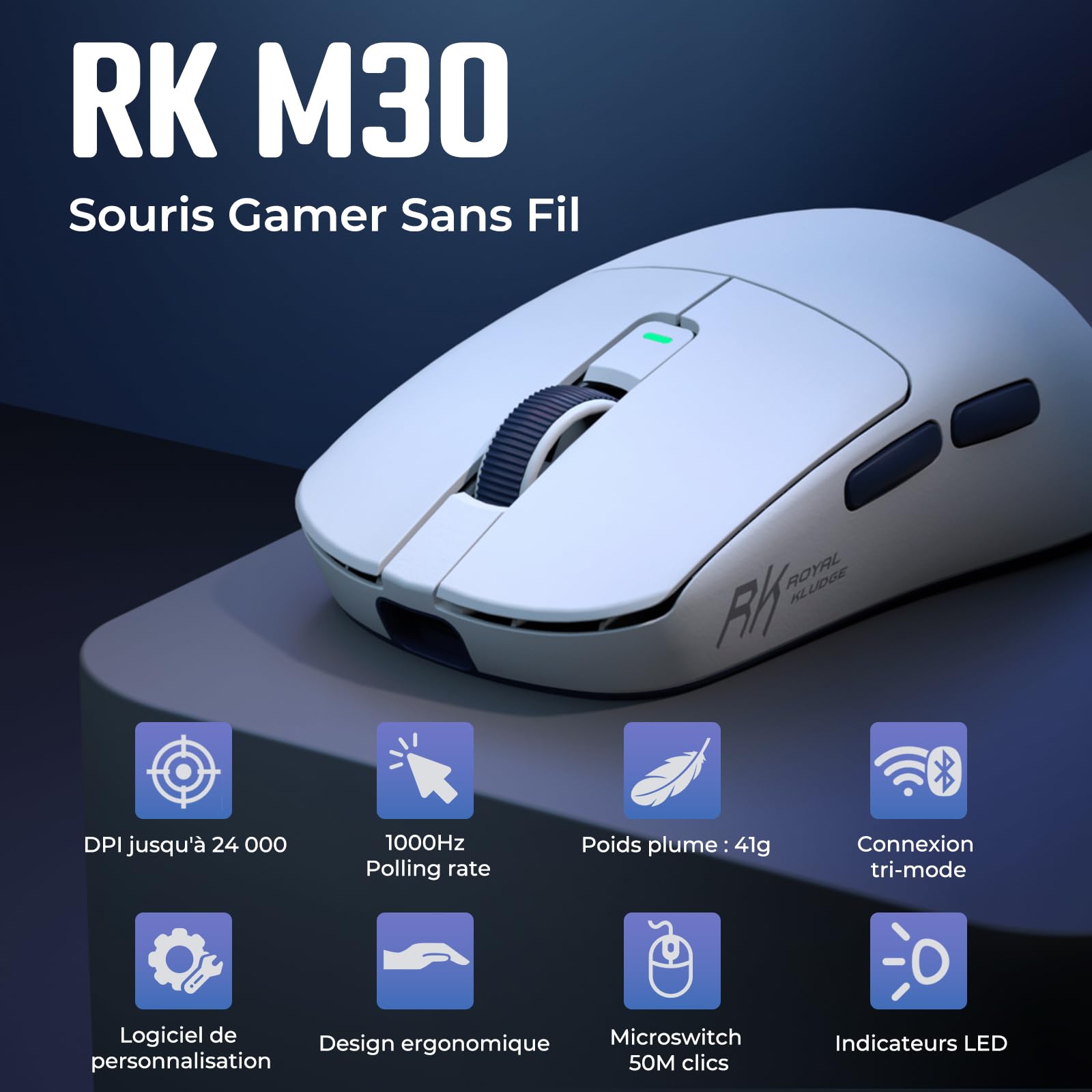 RK ROYAL KLUDGE M30 Souris sans Fil Gamer avec Capteur PixArt PAW3311, 41g Ultraléger, Polling Rate 1000Hz, BT/2.4G/Souris de Jeu Filaire, Batterie 250mAh, 5 Programmable Buttons, Blanc