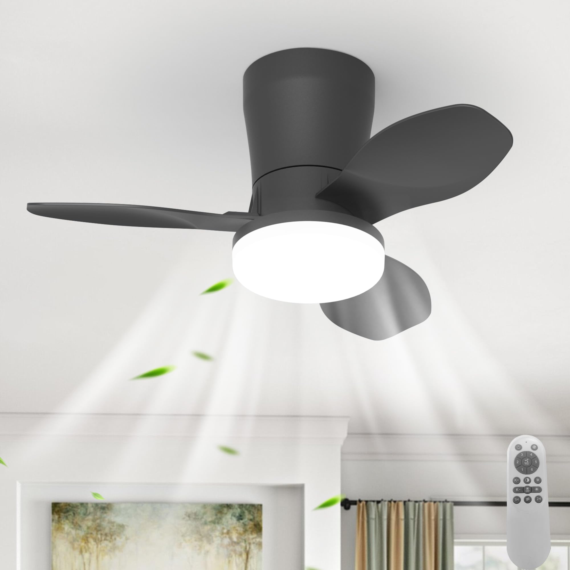 Qcyuui Ceiling Fans with Lights, Modern Black Ceiling Fan with Light and Remote Control, LED Ceiling Light Fan, 6 Speed Reversible Quiet Motor with Timer for Bedroom Living Room Kitchen