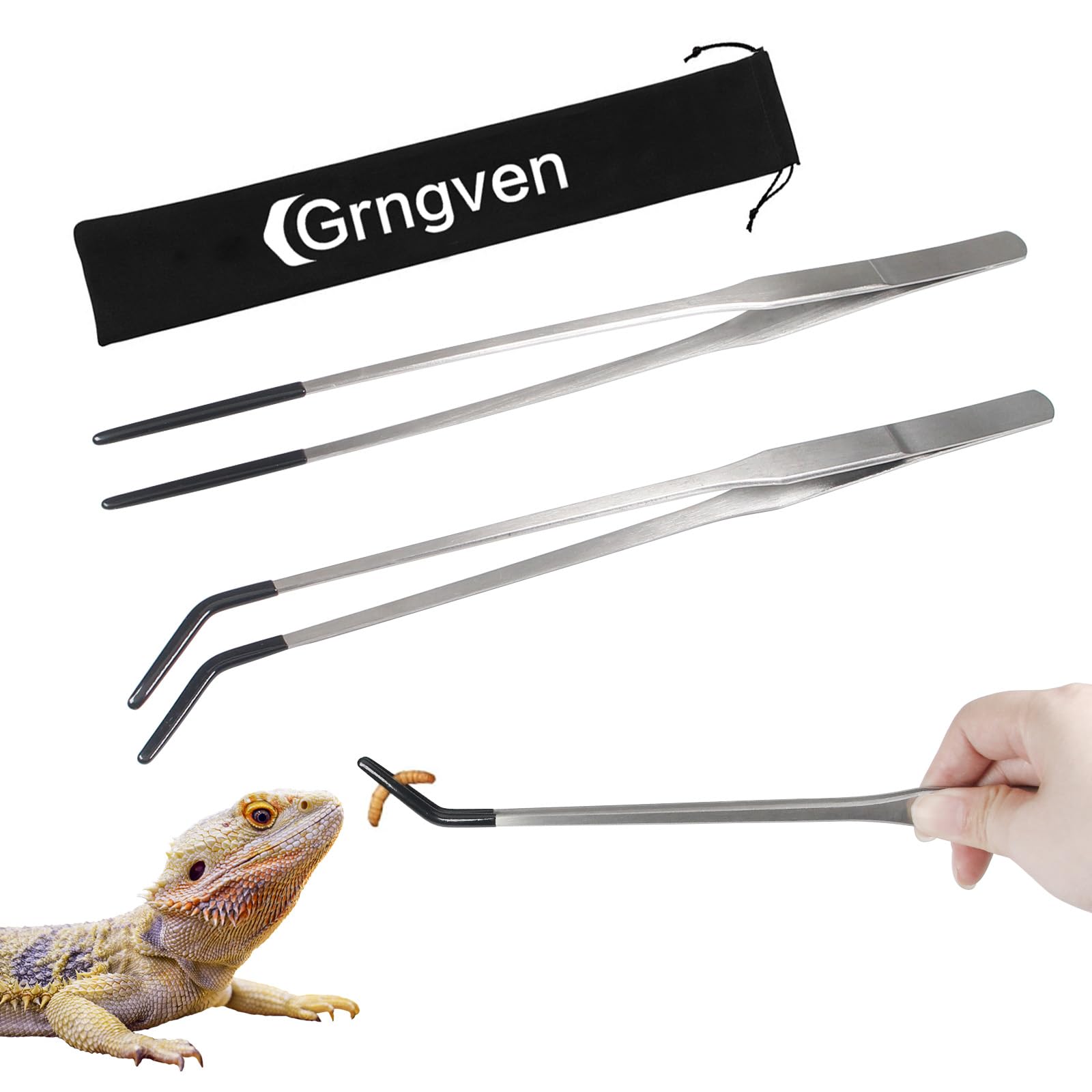 2PCS Stainless Steel Reptile Feeding Tongs with Rubber Tip, 10.6" Straight and Curved Long Tweezers Terrarium Aquascape Tools Feeder for Lizards,