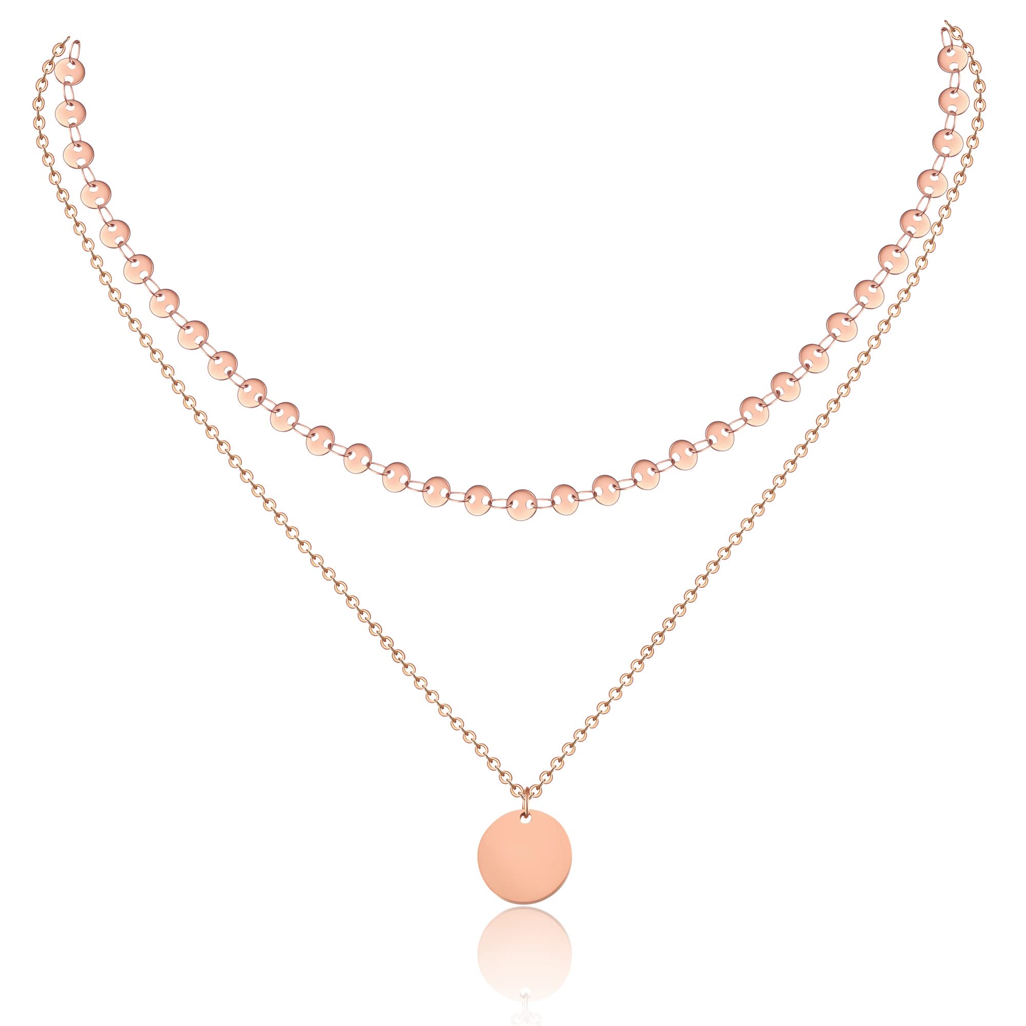 AFSTALR Geschenke für Mama Damen Layered Kette Silber/Rosegold/Gold Plättchen Kette Doppel Multilayer Halskette mit Coin Runden Anhänger Muttertagsgeschenk