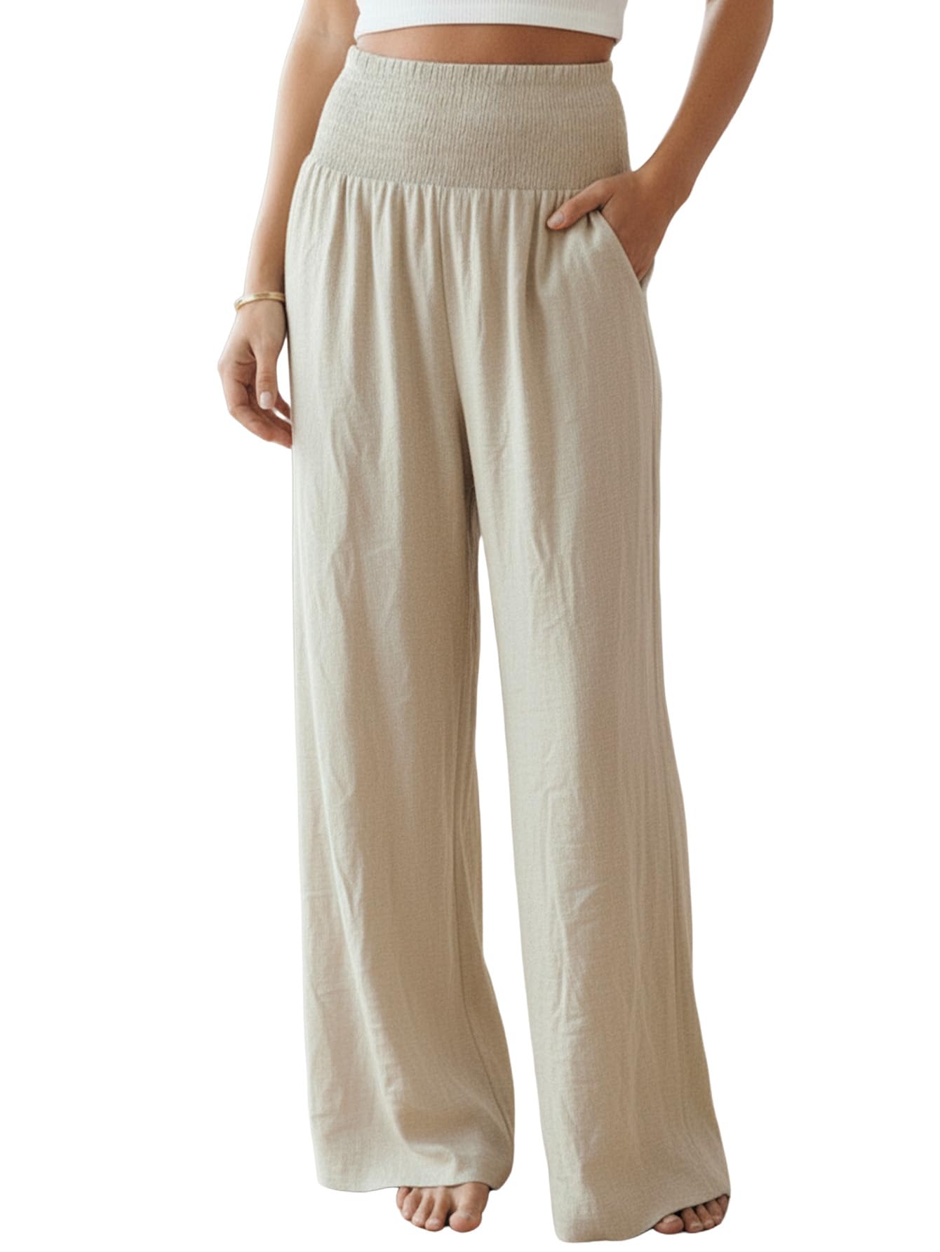Womens High Elastic Waist Pants Wide Leg Loose Dressy Casual Trousers with Pockets