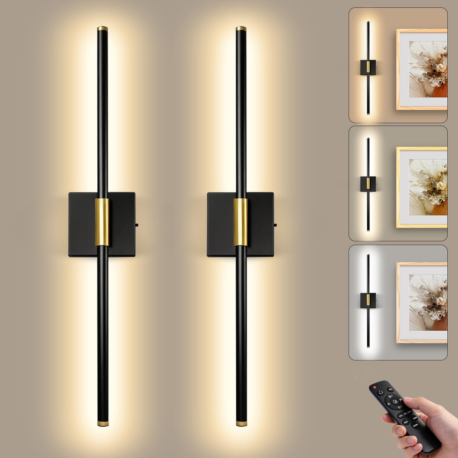 Rechargeable Wall Sconce Lights 2 Pack - 10000mAh Battery Operated Wall Lights Indoor with Remote 3 Colour Temperatures, Dimmable and Timer, Wireless Black Gold Wall Light for Living Room Bedroom