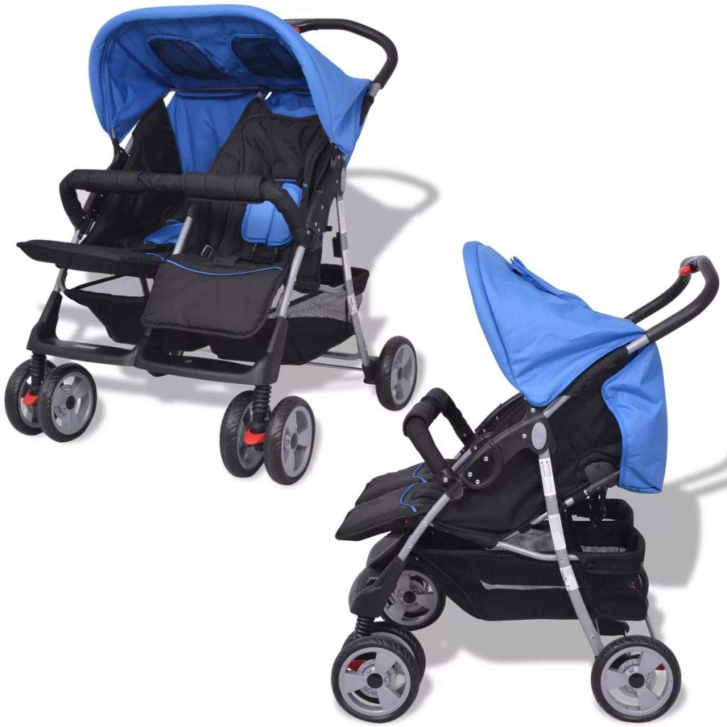 Plegable Silla gemelar para Gemelos y Hermanos Carrito Gemelar Silla de Paseo Cochecito de Bebé Capacidad de Peso Azul y Negro 93 x 68 x 103 cm