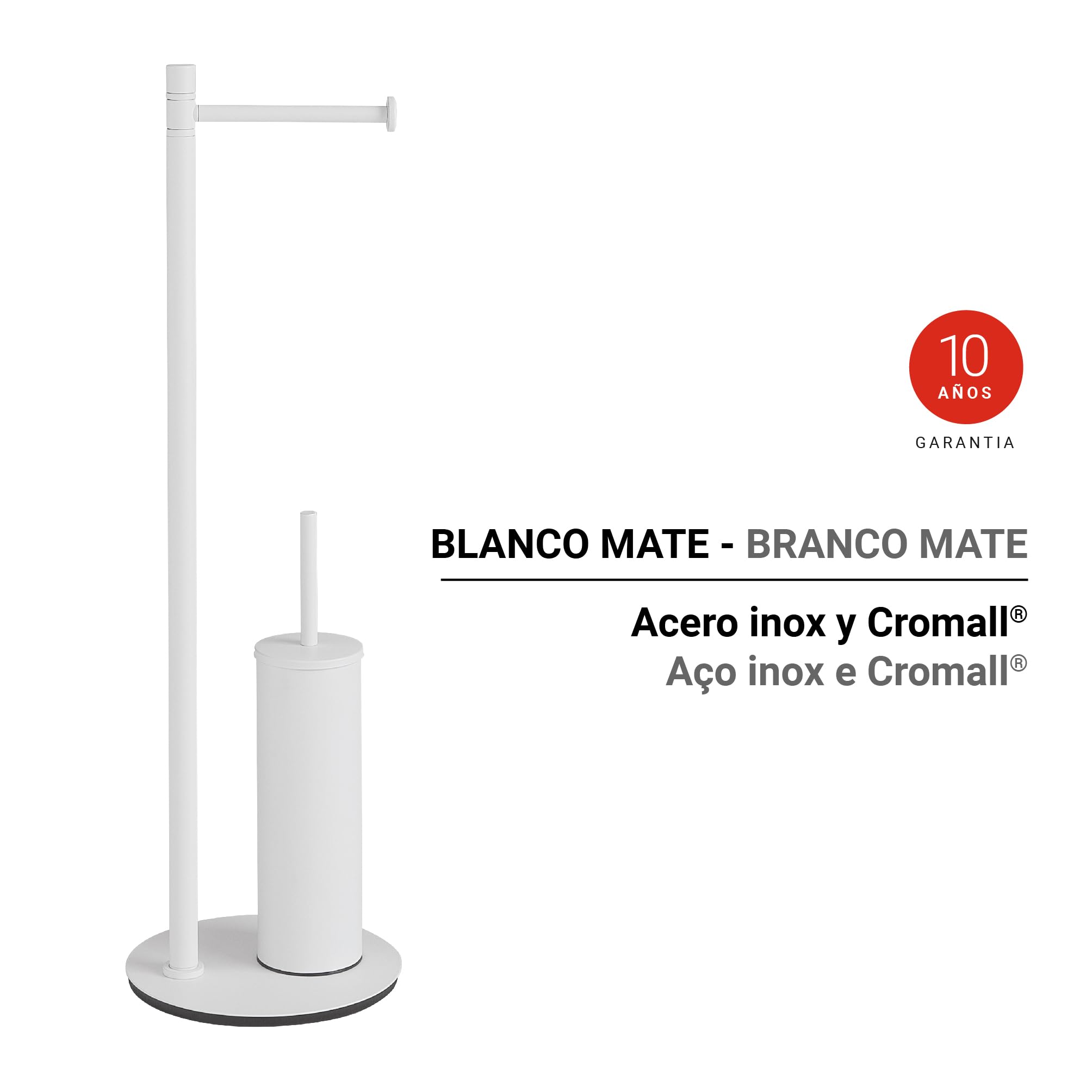Gedy Mida Escobillero y portarrollos para baño de pie, Blanco Mate, Acero Inoxidable, 20 x 20 x 66,6 cm
