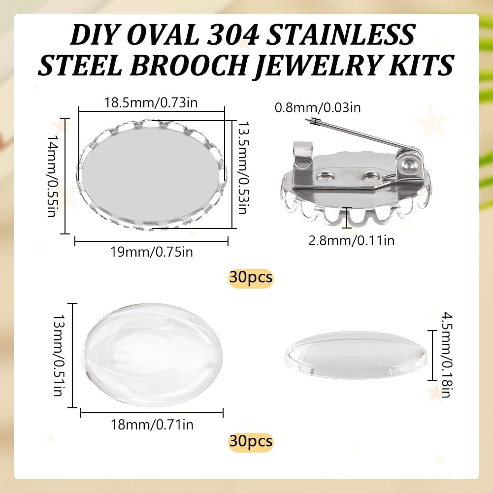 SUNNYCLUE 1 Box 30Pcs Blank Brooch Cabochon Pin Antique Silver Metal Stainless Steel Vintage Oval Flat Round Base Settings Transparent Glass Trays Brooches Kit for Wedding Jewelry Making DIY Crafts - Image 2
