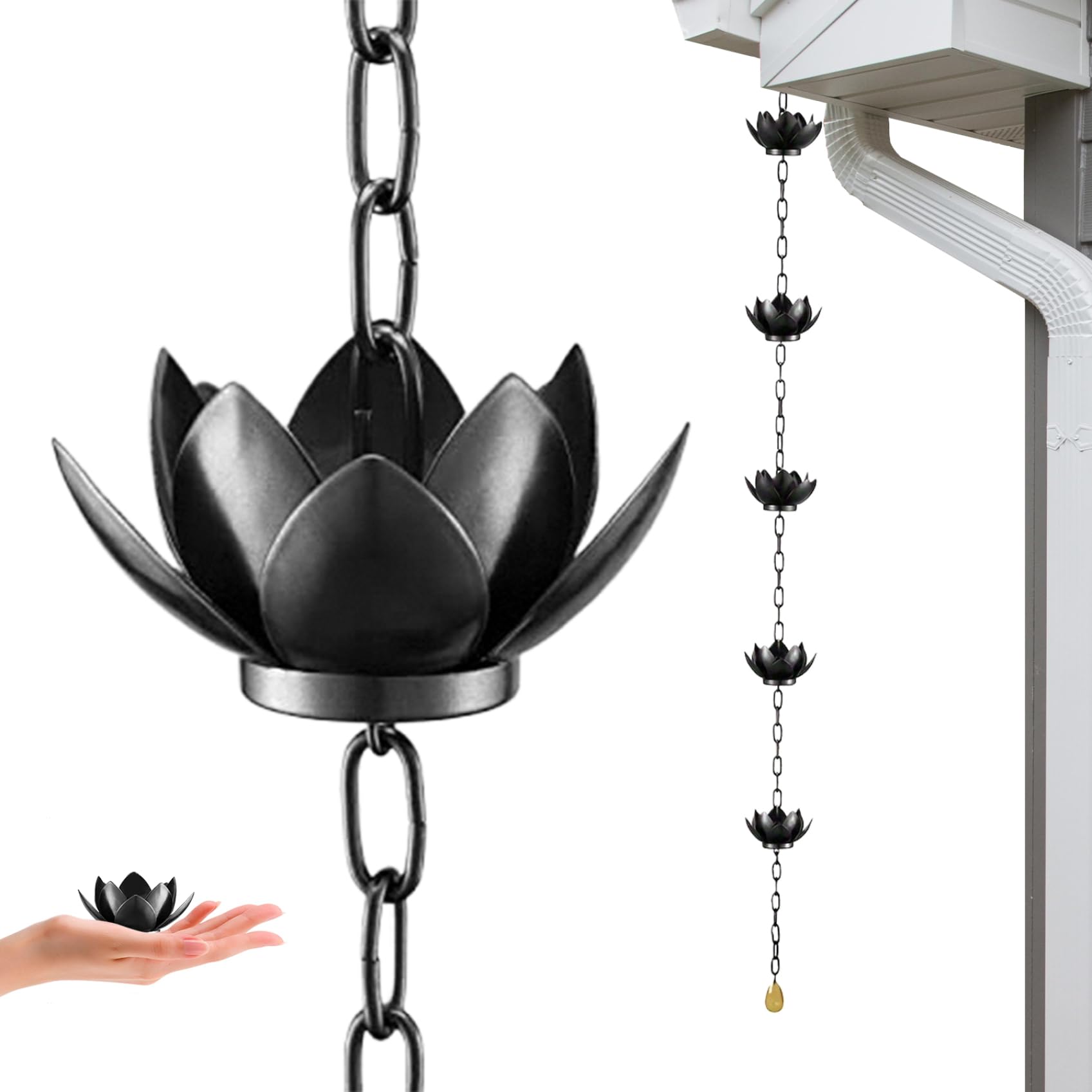 Chaîne de pluie 12 tasses lotus, inverseur d'eau métallique anti-éclaboussures