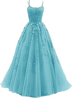 Genérico - Vestido de fiesta largo de tul y encaje para mujer, color liso, tirantes de espaguetis, vestido de fiesta o de baile