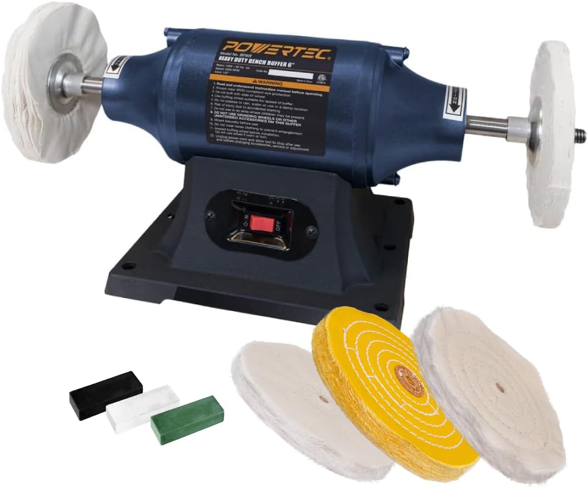 POWERTEC BF601D Bench Buffer Polisher with 3 Extra Buffing Wheels