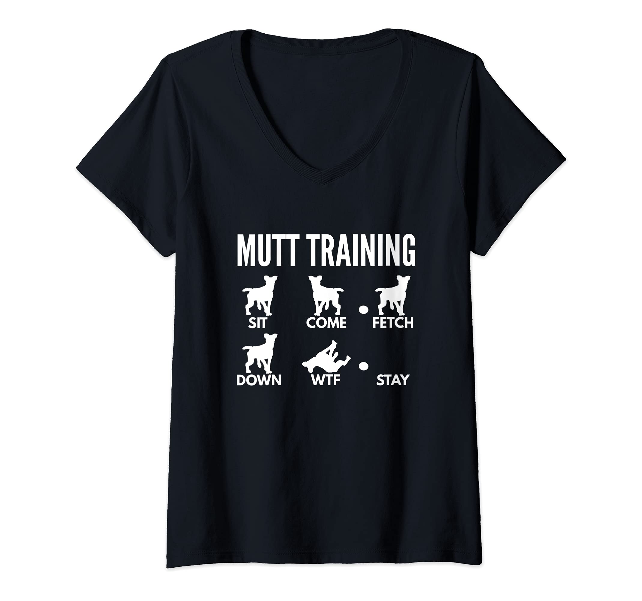 Womens Mutt Training - Mixed-Breed Dog Tricks V-Neck T-Shirt, Black