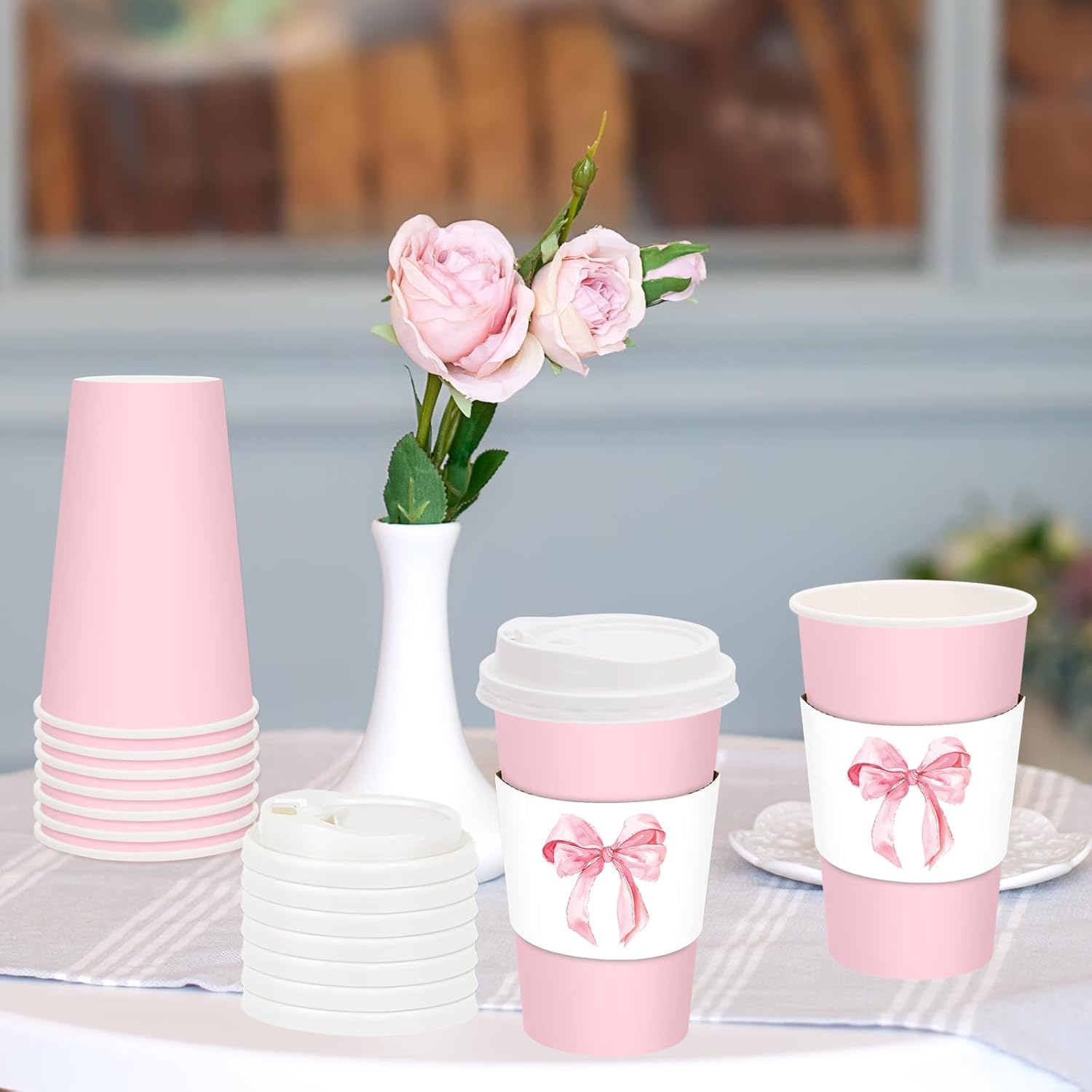 50 Sets Pink Coffee Cups with Lids and Watercolor Bow Sleeves 16oz Bowknot Paper Cups Disposable To Go Coffee Cups for Birthday Baby Shower Bachelorette Party - Image 5