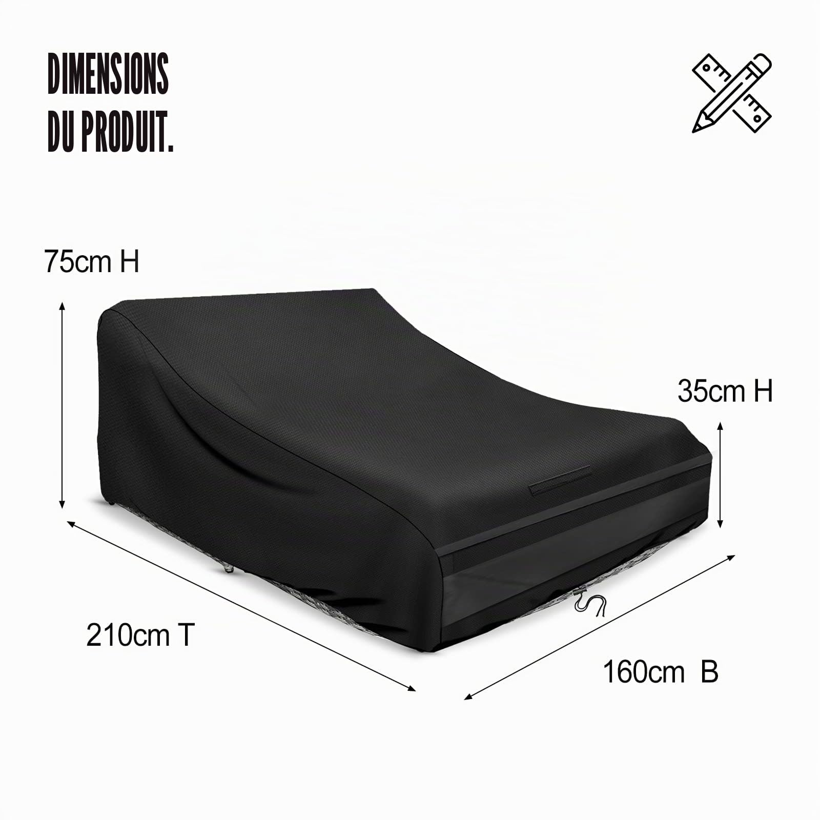 Schleuder Housse de chaise longue pour 2 personnes, 210 x 160 x 35/75 cm, housse 420D, imperméable, coupe-vent, résistant aux UV, noir